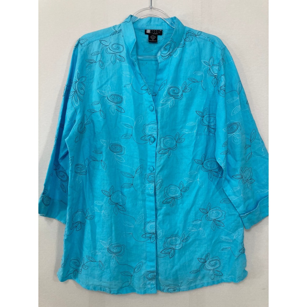 Carole Little Button Up Shirt 1X Blue Linen Floral Embroidered Vacation